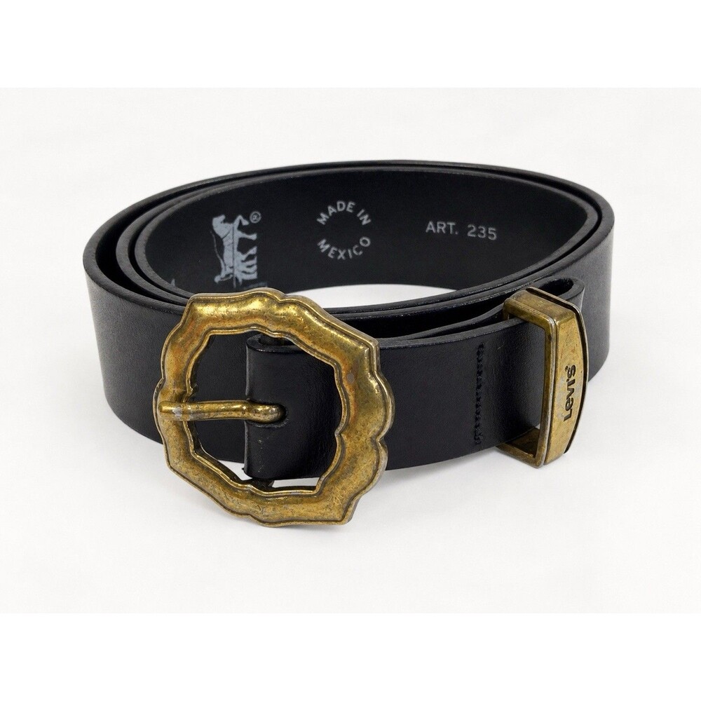 Levi’s Black Leather Belt Western Buckle Brass Horse Logo Size 38